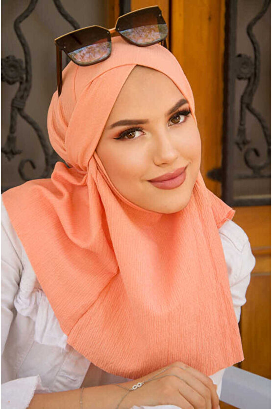 Somon Bürümcük Çapraz Bantlı Medium Size Hijab - Hazır Şal