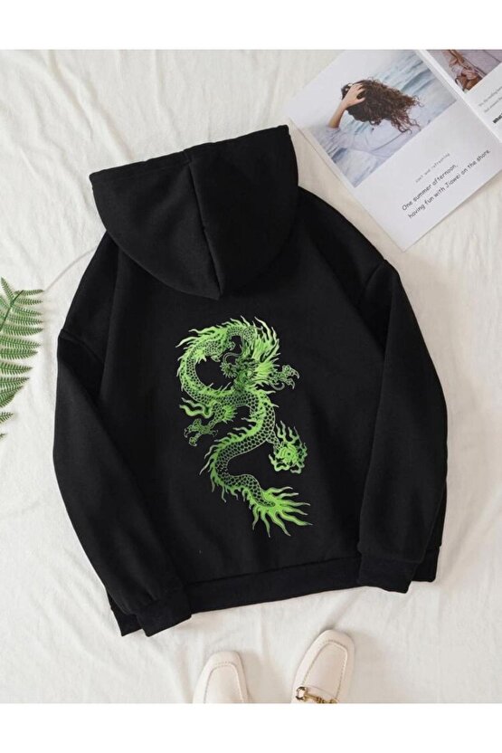 Kapşonlu Oversize Yeşil Dragon Baskılı Siyah Sweatshirt