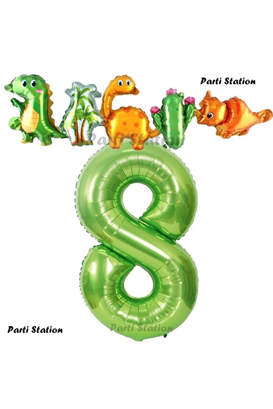 Yeşil Renk Rakam Balonlu Dinozor 8 Yaş Doğum Günü Parti Yapışık Balon Set Dinozor Tema Parti Set