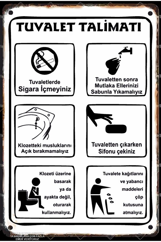 TUVALET WC KURALLARI TALİMATLARI UYARI LEVHASI KOMİK EĞLENCELİ SÖZLER RETRO AHŞAP POSTER