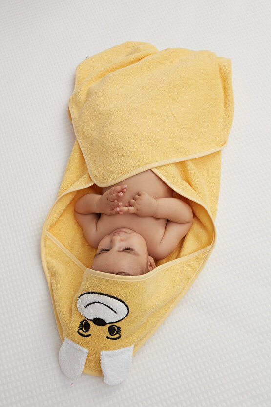 Pupy Bear Kapşonlu Bebek Banyo Havlusu Sarı 100x100 cm