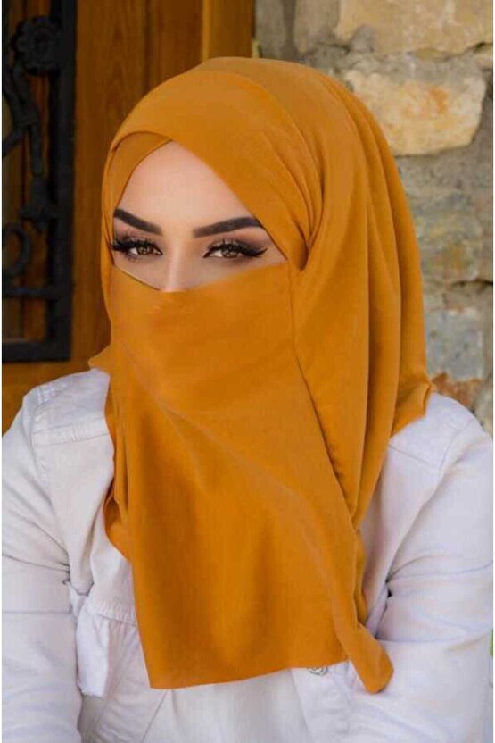 Koyu Hardal Çapraz Bantlı Medium Size Hijab - Hazır Şal