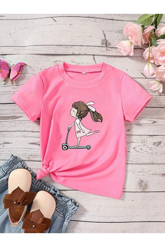 Kız Çocuk Pembe Scooterlı Kız Penye Tişört