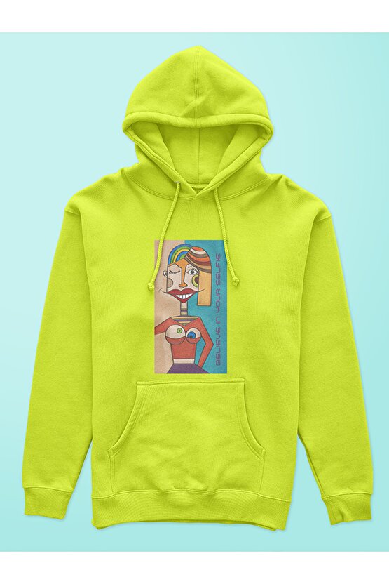 Postmodern Sanat Baskılı Tasarım 3 Iplik Kalın Neon Sarı Hoodie Sweatshirt