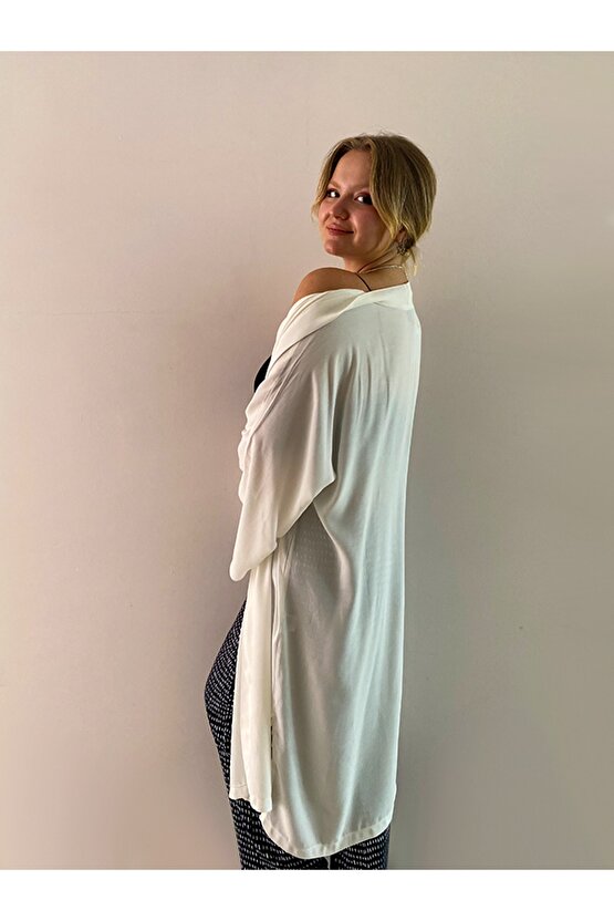 Lüx Polyester Kumaş Beyaz Tiril Kimono