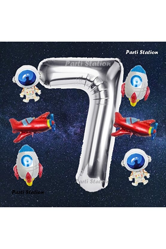 Gümüş Renk Rakam Balon Uzay Konsept 7 Yaş Doğum Günü Balon Set Galaksi Astronot Space Roket Balon