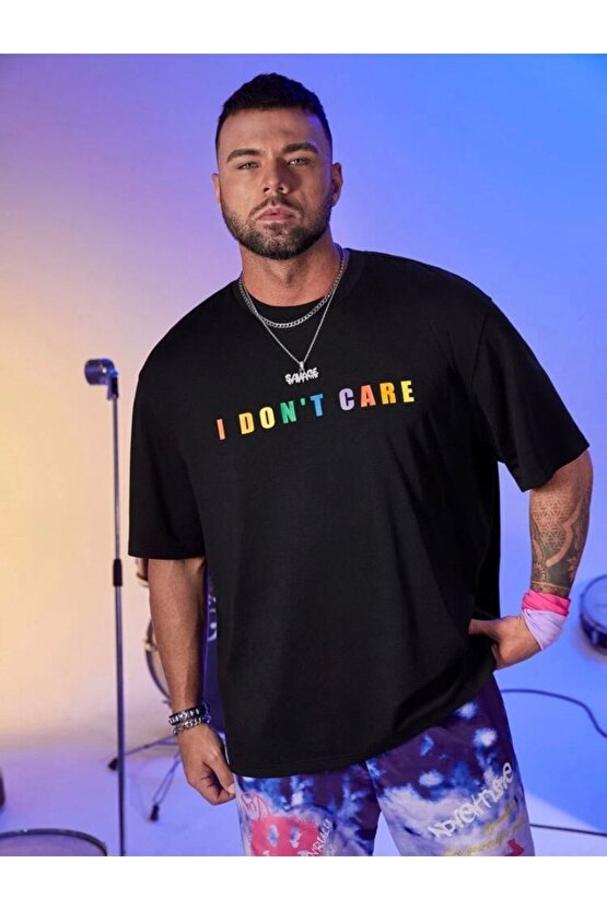 Erkek Oversize I Dont Care Baskılı Siyah Tshirt