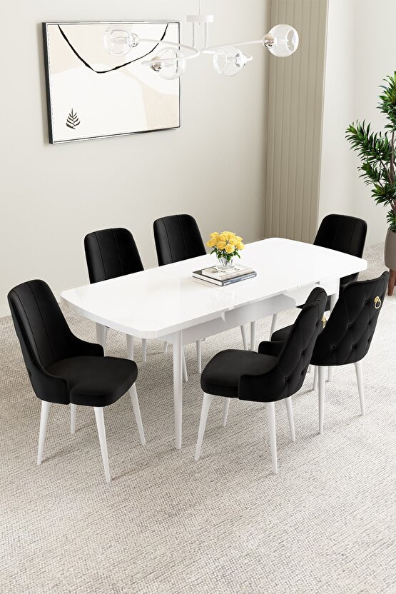 Mabel Beyaz 80x132 Açılabilir Yemek Odası Takımı 6 Adet Sandalye
