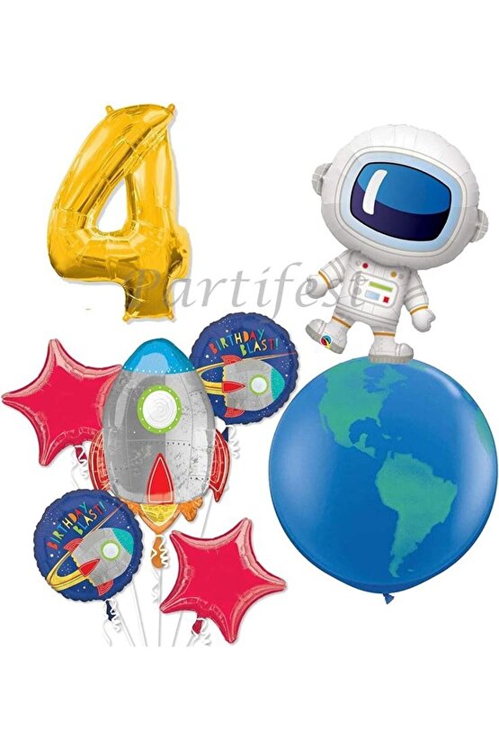 Uzay Kozmik Galaksi Astronot Roket 4 Yaş Balon Set Yıldız Balon Folyo Set Konsept Doğum Günü Set