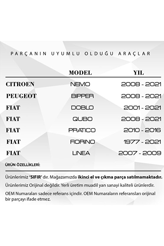 Fiat Doblo, Peugeot Bipper, Citroen Nemo Için Kaput Içten Açma Kolu