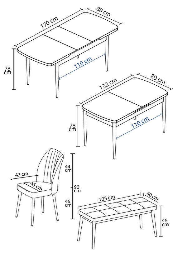 Floryn Mdf Meşe Desen Açılabilir 80x132 Cm 4 Sandalyeli Benchli Mutfak Masası Takımı