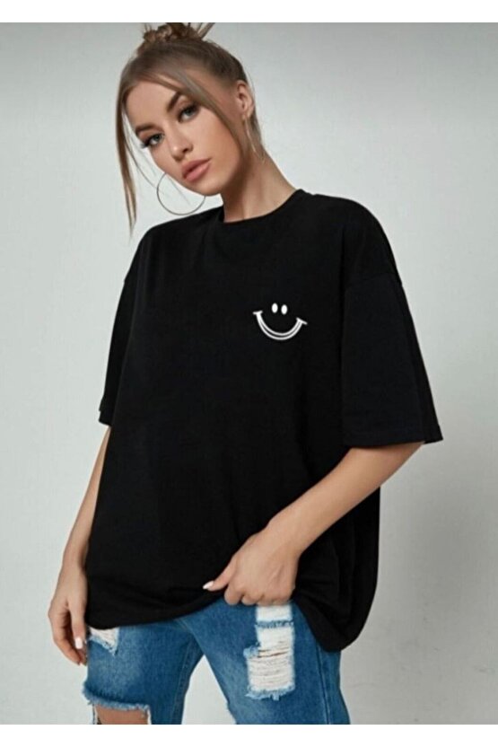 Oversize Unisex Siyah Gülücük Tshirt