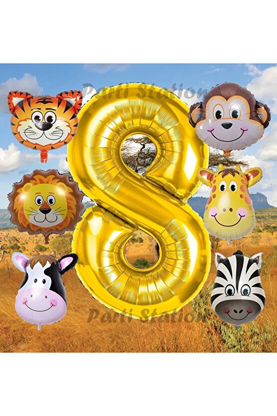 Altın Renk Rakam Balonlu Safari 8 Yaş Doğum Günü Parti Balon Set Safari Hayvanlar Tema Parti Set