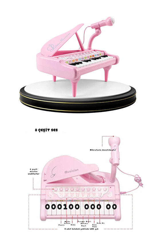 Çocuklar için Mikrofonlu 31 Tuşlu Mp3 Çalar Pembe Piyano Müzik Aktivite Oyuncağı
