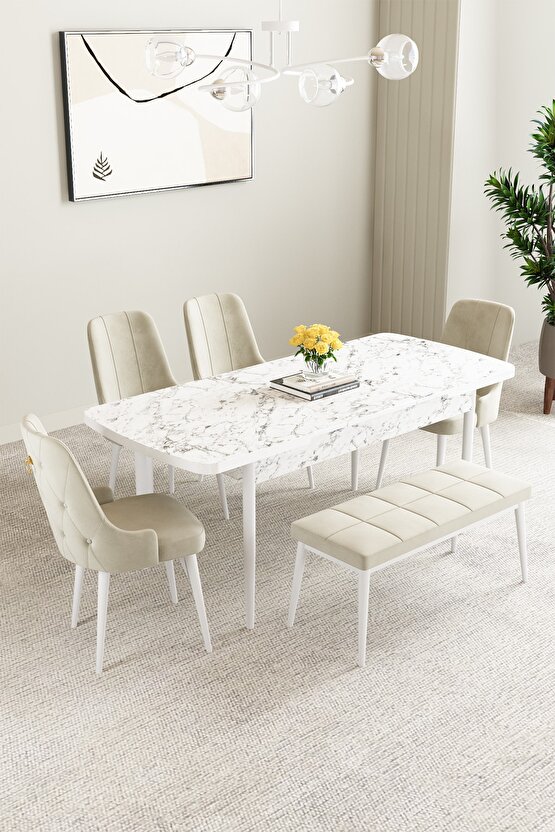 Mabel Beyaz Mermer Desen 80x132 Açılabilir Mutfak Masası Takımı 4 Sandalye, 1 Bench