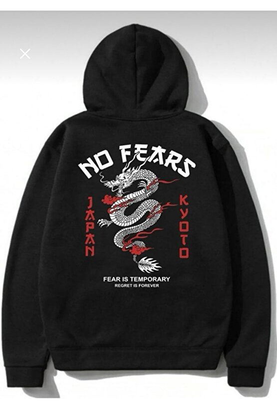 Kapşonlu No Fears Dragon Baskılı Siyah Sweatshirt