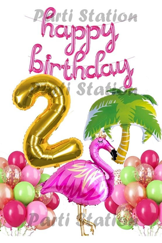 Tropikal Konsept Parti Flamingo 2 Yaş Doğum Günü Balon Seti Yaz Temalı Tropikal Flamingo Parti