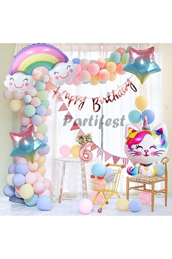 Unicorn Kedi Kitty Rakam Konsept 6 Yaş Balon Doğum Günü Set Yaş Balon Set