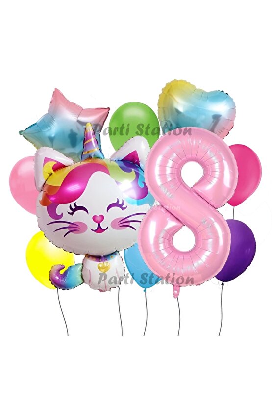Unicorn Kedi Kitty Konsept 8 Yaş Doğum Günü Parti Balon Set Sevimli Unicorn Kedi Tema Parti Set