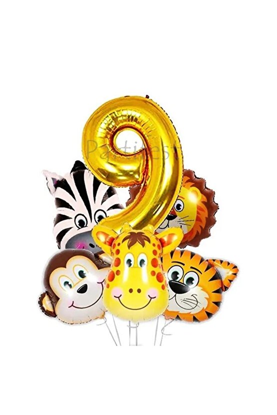 Safari Hayvanlar 9 Yaş Balon Set Safari Büyük Kafa Balon Folyo Balon Set Konsept Doğum Günü Set