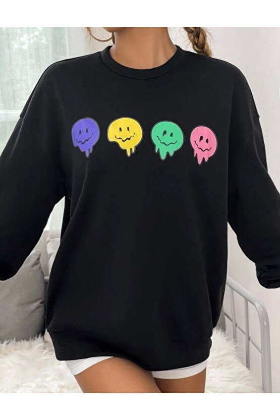 Unisex Oversize Siyah Emoji Sweatshirt