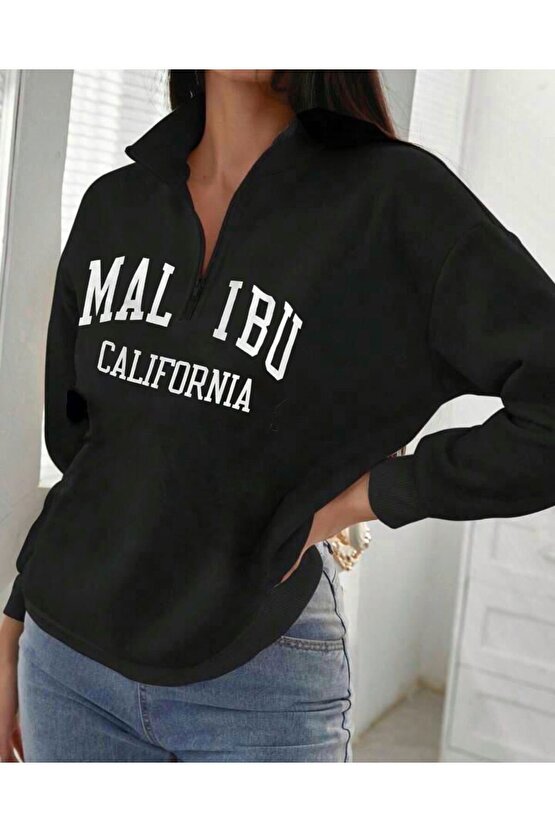 Kadın Siyah Yarım Fermuarlı Malibu Baskılı Dik Yaka Sweatshirt