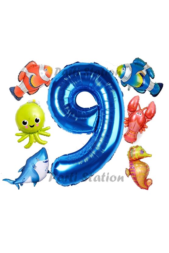 Okyanus Hayvanları 9 Yaş Doğum Günü Balon Set Deniz Canlıları Köpek Balığı Ahtapot Kırmızı Balık Set