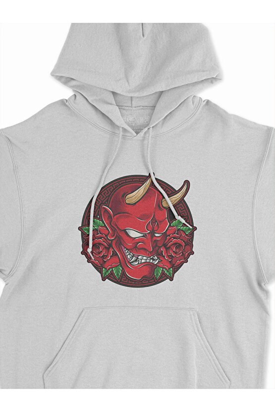 Şeytan Baskılı Oversize Gri 3 Iplik Kalın Sweatshirt Hoodie