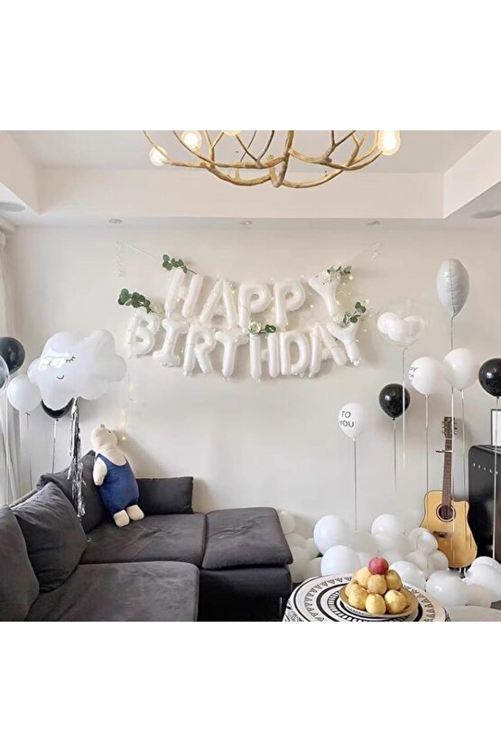 Beyaz Renk Happy Birthday Folyo Balon Set 36 cm 1 Adet Doğum Günü Parti Balon Set