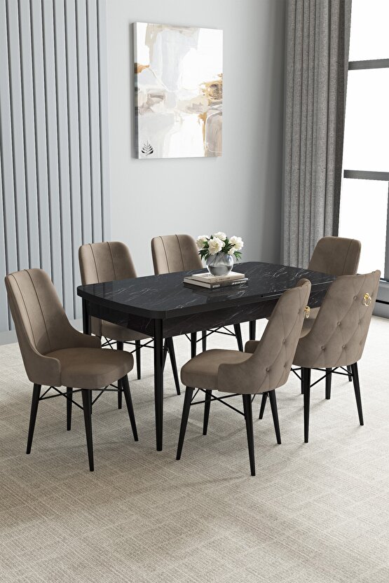 Siyah Mermer Desen 80x132 Açılabilir Yemek Odası Takımı 6 Adet Sandalye