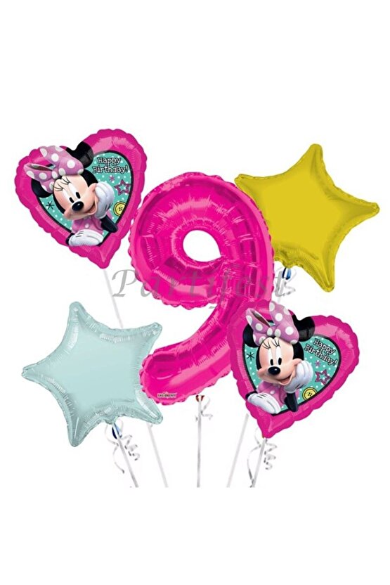 Minnie Mouse 9 Yaş Balon Set Balon Folyo Set Minnie Mouse Konsept Doğum Günü Set Yaş Balon