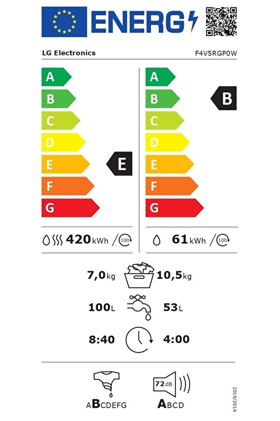 F4V5RGP0W A Wi-Fi 1400 Devir 10.5 kg  7 kg Kurutmalı Çamaşır Makinesi