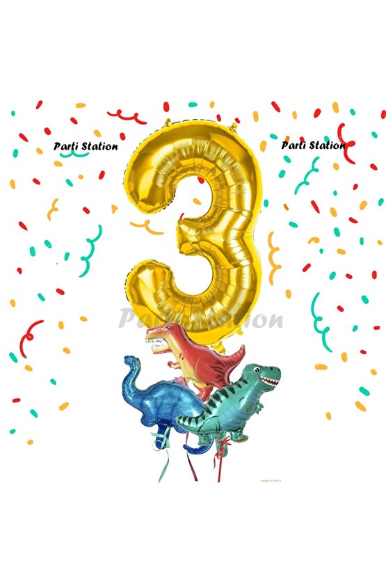 Altın Renk Rakam Balonlu Küçük Boy Dinozor Balonlu 3 Yaş Dinozor Konsept Doğum Günü Parti Balon Set