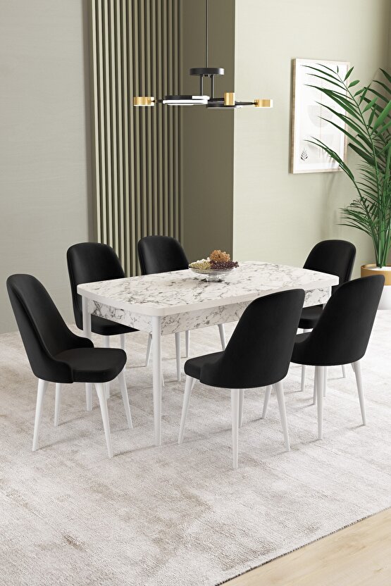 Ikon Beyaz Mermer Desen 80x132 Mdf Açılabilir Mutfak Masası Takımı 6 Adet Sandalye