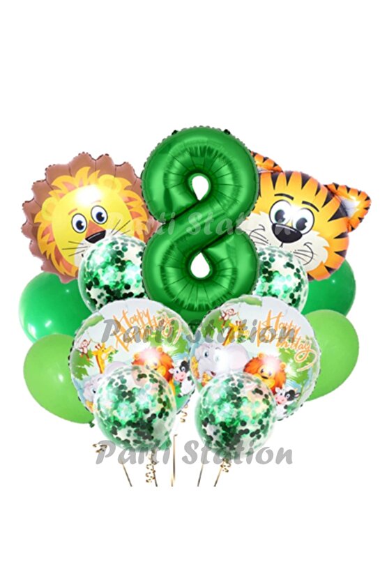 Safari Konsept Balon Seti 8 Yaş Safari Jungle Parti Doğum Günü Balon Karşılama Set Yeşil Rakam Balon