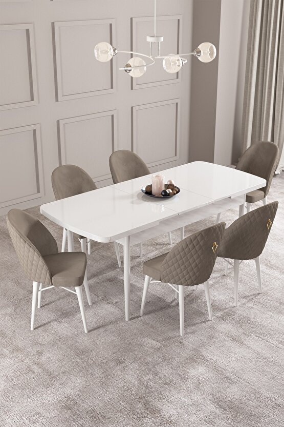 Calvin Beyaz 80x132 Mdf Açılabilir Yemek Masası Takımı 6 Adet Sandalye