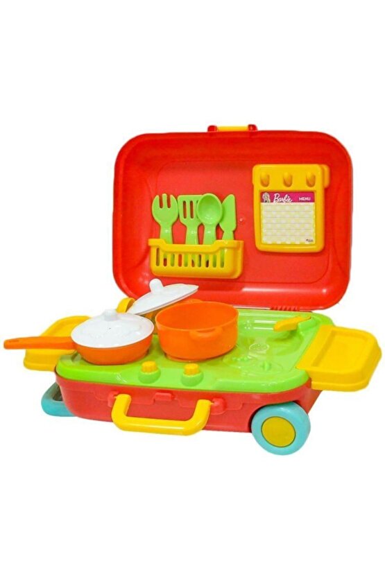 Kız Çocuk Oyuncak Mutfak Seti Tencere Tava Çatal Kaşık 15 Parça Çekçekli Tekerlekli Bavulum