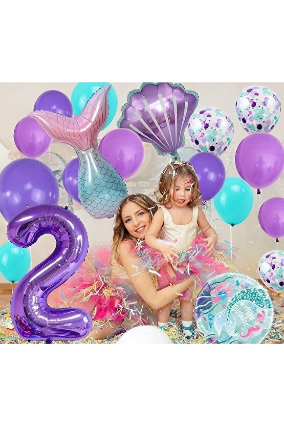 Mor Rakam Balon 2 Yaş Deniz Kızı Temalı Doğum Günü Parti Kutlama Seti Konsept 1