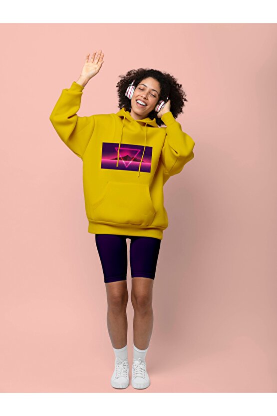 Vapor Wave Üçgen Design Baskılı Tasarım 3 Iplik Kalın Sarı Hoodie Sweatshirt