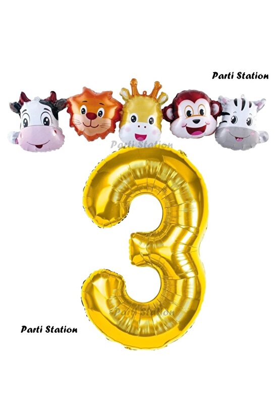Altın Renk Rakam Balonlu Safari 3 Yaş Doğum Günü Parti Balon Set Safari Hayvanlar Tema Parti