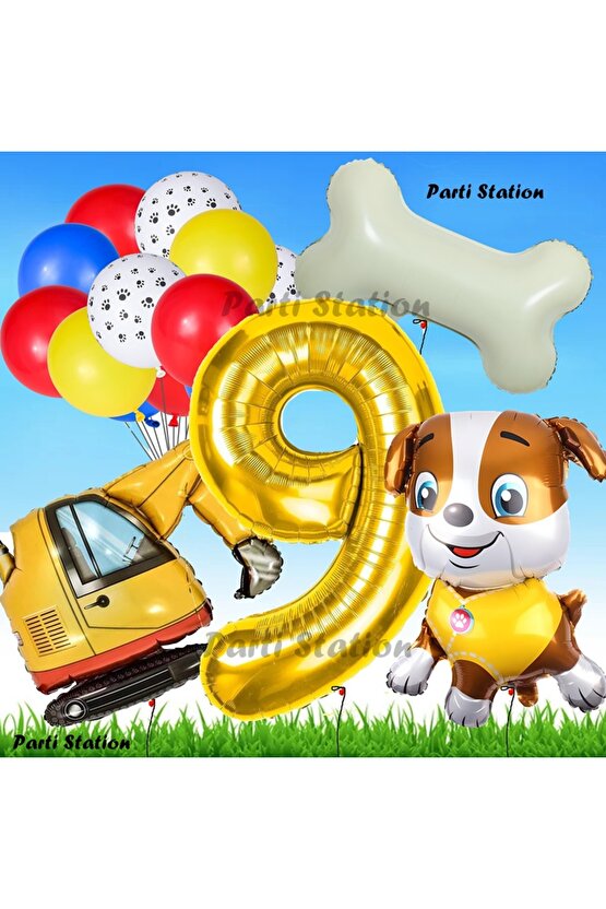 Paw Patrol Rubble Dozer Araçlı Köpek Konsept 9 Yaş Doğum Günü Parti Balon Set Paw Patrol Kemik Balon