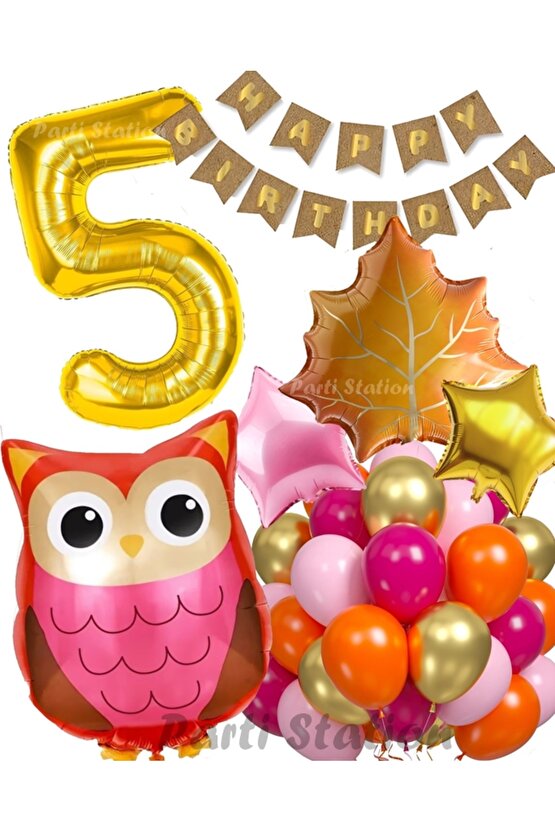 Orman Woodland Baykuş Konsept Doğum Günü 5 Yaş Balon Set Baykuş Tema Folyo Balon Set