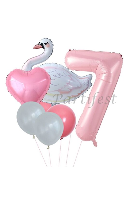 Kuğu 7 Yaş Balon Set Balon Folyo Set Konsept Kuğu Doğum Günü Set Yaş Balon