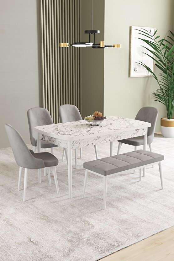 Ikon Beyaz Mermer Desen 80x132 Mdf Açılabilir Mutfak Masası Takımı 4 Sandalye, 1 Bench