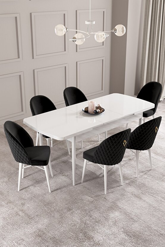 Calvin Beyaz 80x132 Mdf Açılabilir Yemek Masası Takımı 6 Adet Sandalye