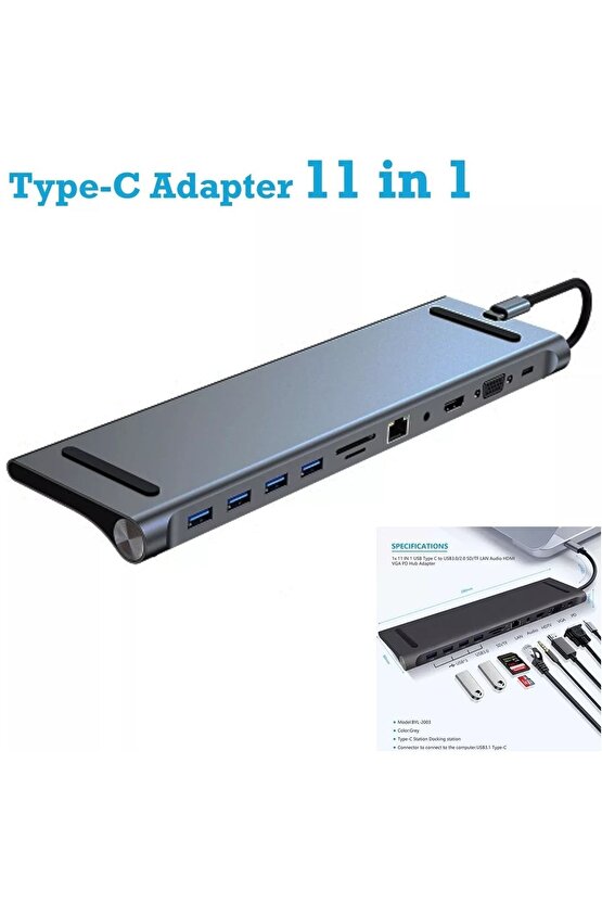 Type C Adaptör 11 In 1 Usb Hub Hdmi Lan Vga Sd Tf Kart Usb Type C Macbook Çevirici