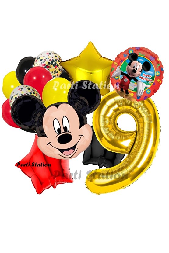Mickey Mouse 9 Yaş Doğum Günü Parti Balon Seti Fare Mickey Mouse Altın Rakam Balon Konsept Set