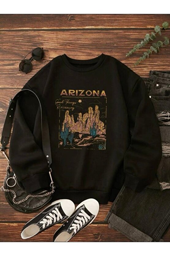 Siyah Oversize Unisex Arizona Baskılı Bisiklet Yaka Sweatshirt