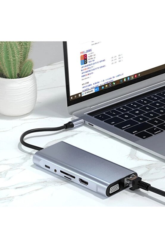 Type C Adaptör 11 In 1 Usb Hub Hdmi Lan Vga Sd Tf Kart Usb Type C Macbook Çevirici