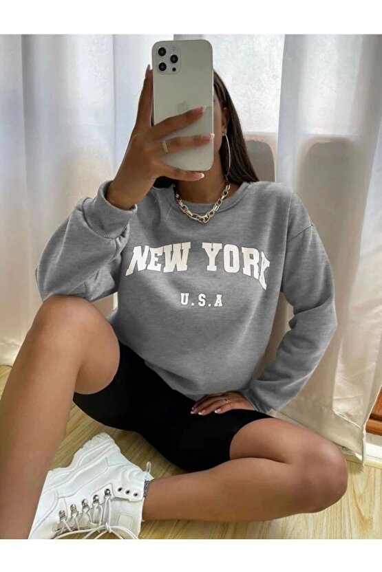 Oversize New York U.s.a Baskılı Gri Bisiklet Yaka Sweatshirt